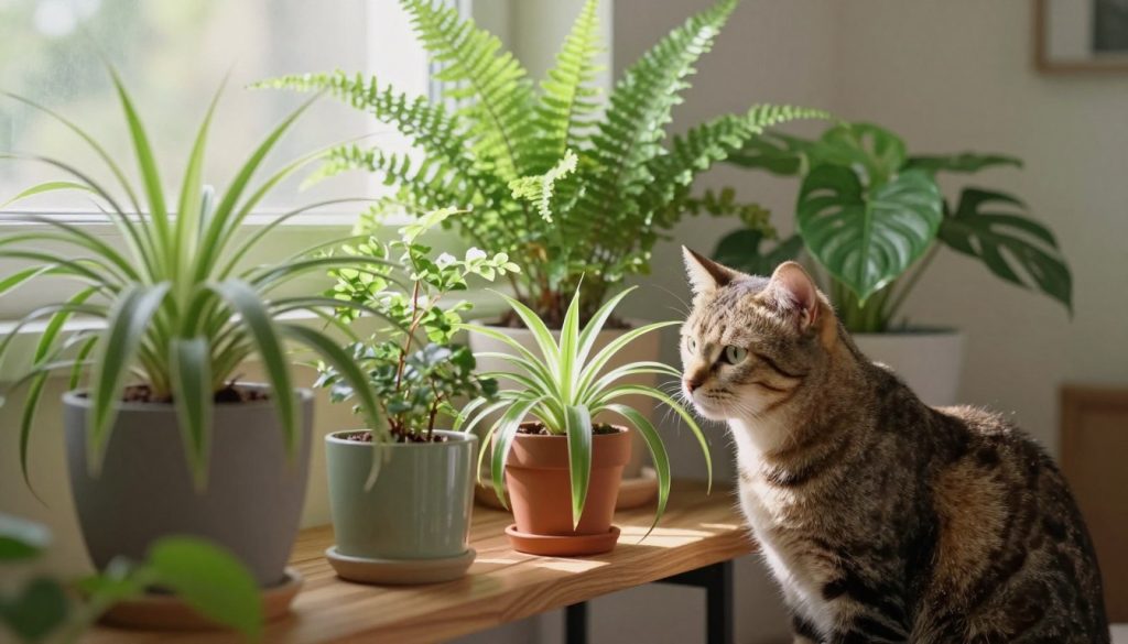 A cozy indoor scene showcasing a variety of cat-safe houseplants, such as spider plants, Boston ferns, and prayer plants, arranged on a stylish wooden shelf. In the foreground, a playful tabby cat curiously inspects a vibrant spider plant, while the middle section displays lush greenery with delicate leaves and colorful pots. The background features soft, diffused sunlight filtering through a nearby window, casting gentle shadows that enhance the warmth of the room. Use a shallow depth of field to focus on the cat and plants while softly blurring the background, creating an inviting atmosphere. The overall mood should be serene and harmonious, reflecting the beauty of a pet-friendly indoor garden.