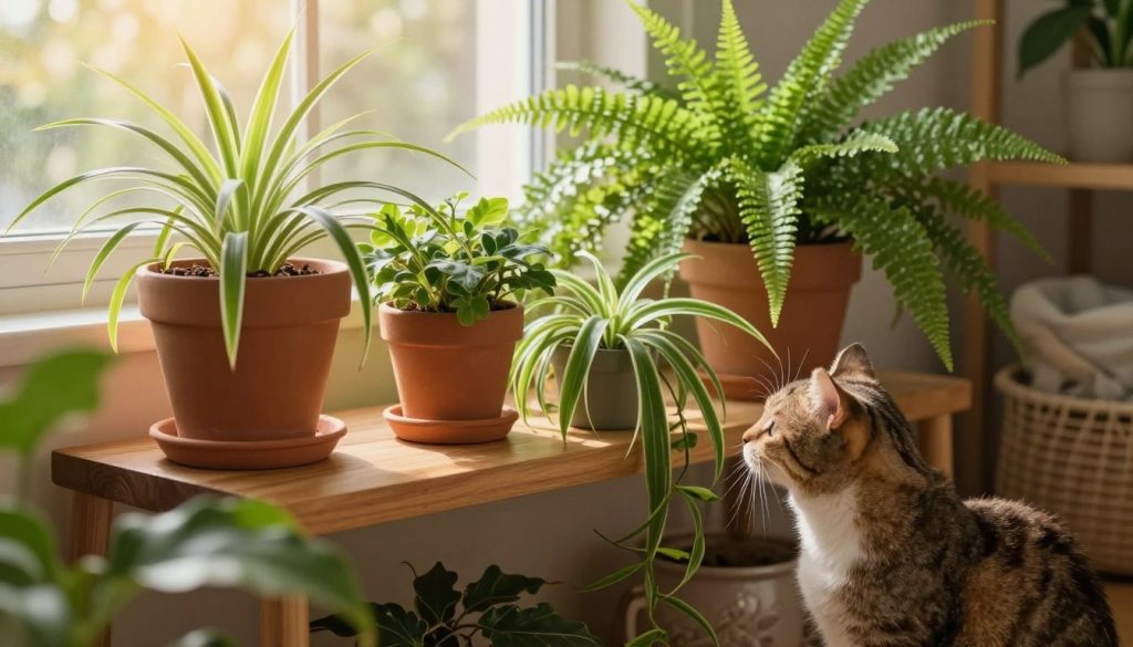A cozy indoor setting featuring a selection of cat-safe houseplants, such as spider plants, Boston ferns, and peace lilies. In the foreground, a playful cat curiously examines a lush spider plant, its vibrant green leaves cascading down. In the middle, a stylish wooden shelf displays a variety of potted plants, with rich, earthy tones contrasting against the bright greenery. The background softly features a sunlit window, filtering warm, golden light that illuminates the scene, creating an inviting atmosphere. The room has a cozy, homely vibe, with soft textiles and natural decor enhancing the tranquil mood. Capture this moment from a slightly elevated angle for a comprehensive view of the plants and the attentive cat, ensuring no text or graphics are included.