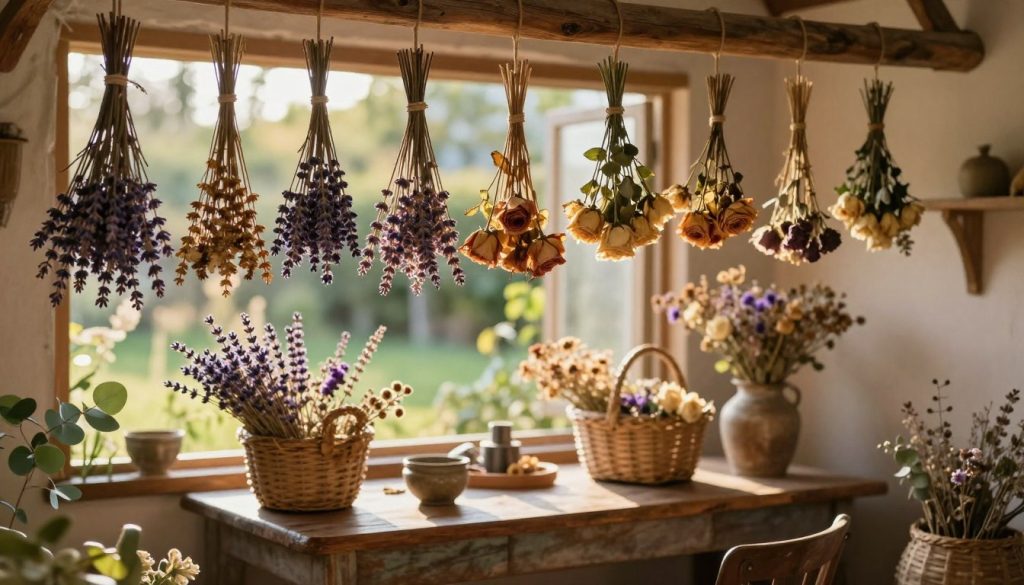 A cozy, rustic scene featuring an array of air-dried flowers hanging from a wooden beam in a softly lit, sun-drenched room. In the foreground, delicate bunches of lavender, eucalyptus, and dried roses swaying gently, their petals catching the warm light. The middle ground showcases a vintage table adorned with woven baskets filled with more dried flowers, accompanied by a rustic vase, enhancing the earthy aesthetic. In the background, soft, blurred garden greenery filters through a window, providing a natural backdrop. The scene is illuminated with golden afternoon sunlight, casting gentle shadows that evoke a serene, nostalgic mood, perfect for preserving the essence of nature.