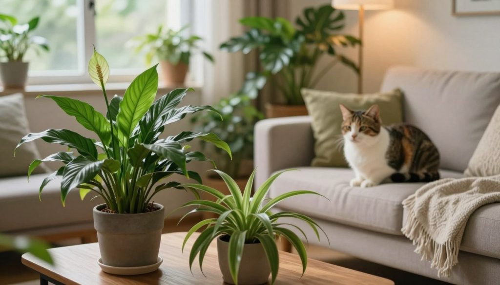A serene indoor setting filled with lush, vibrant houseplants safe for cats. In the foreground, a healthy Peace Lily, Spider Plant, and Boston Fern are arranged on a wooden coffee table, their green leaves glistening under soft, warm ambient light. The midground features a cozy, stylish sofa draped with a light throw, complementing the natural tones of the plants. In the background, a large window lets in soft natural light, accentuating the greenery and creating a tranquil atmosphere. The scene is photographed from a slightly elevated angle, capturing the harmonious blend of pets and plants, evoking a sense of a peaceful sanctuary where both cats and their owners can thrive. The overall mood is inviting and calming, perfect for pet-friendly living.