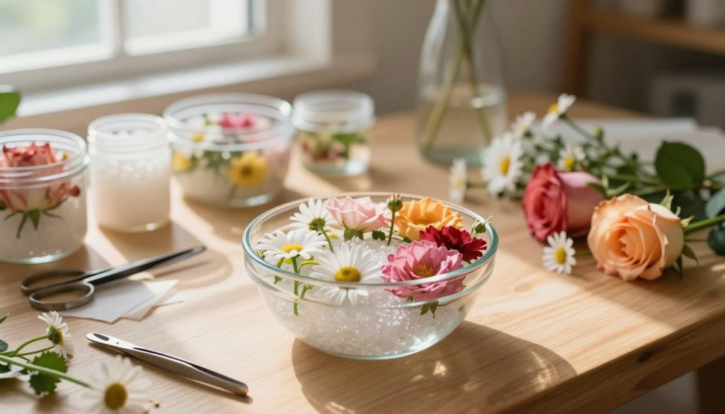 A serene workspace featuring an assortment of vibrant flowers, such as roses and daisies, surrounded by containers of silica gel. In the foreground, a clear glass bowl filled with fresh flowers partially buried in sparkling silica gel, emphasizing the preservation process. The middle ground reveals an open, well-organized workspace with tools like tweezers, scissors, and parchment paper neatly arranged. Soft, warm lighting casts gentle shadows, creating a cozy, inviting atmosphere. In the background, a wooden table with a blurred view of a bright window, allowing natural light to filter in, enhances the tranquil setting. The overall mood is one of calm and creativity, perfect for the art of flower preservation.