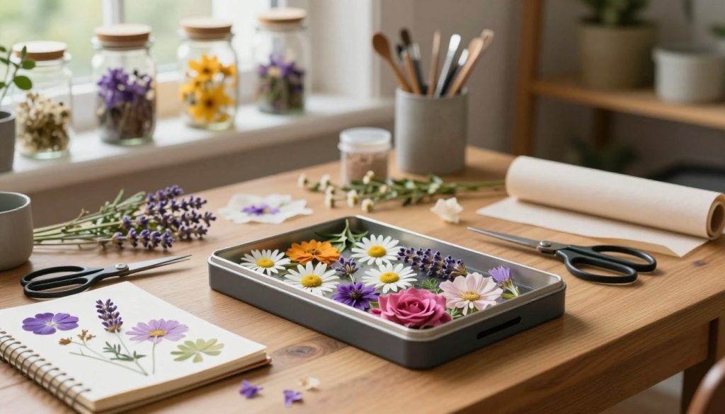 A serene workspace showcasing the art of pressing flowers for keepsakes and crafts. In the foreground, a wooden table holds an open flower press with vibrant, freshly picked flowers like daisies, roses, and lavender arranged delicately inside. Scattered beside the press are botanical scissors, a journal with pressed flowers as decoration, and small rolls of parchment paper. In the middle ground, soft natural light filters through a nearby window, accentuating the colors and details of the flowers. In the background, a shelf with jars of dried flowers and crafting materials creates an inviting atmosphere. The overall mood is calm and creative, inviting viewers into the simple yet beautiful process of flower preservation, captured from a slightly elevated angle to provide depth.