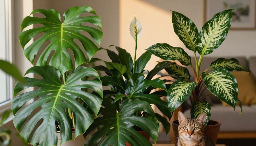 A vividly arranged indoor scene featuring toxic houseplants that are harmful to cats. In the foreground, display a vibrant, lush Monstera Deliciosa with its large, split leaves, along with the striking thick stems of a Philodendron and the shimmering slick leaves of a Dieffenbachia. In the middle ground, include the delicate flowers of a Peace Lily, providing a stark contrast to the other plants. The background should be softly blurred, suggesting a cozy living room setting with indirect warm lighting filtering through a window, casting gentle shadows. The overall mood is both informative and cautionary, designed to evoke awareness of the dangers of these popular plants in a cat-friendly home.